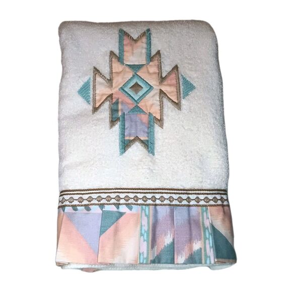 Vintage Southwest Bath Towel Cream Peach Turquoise Purple Ruffle By Jillian Rose - Picture 1 of 15